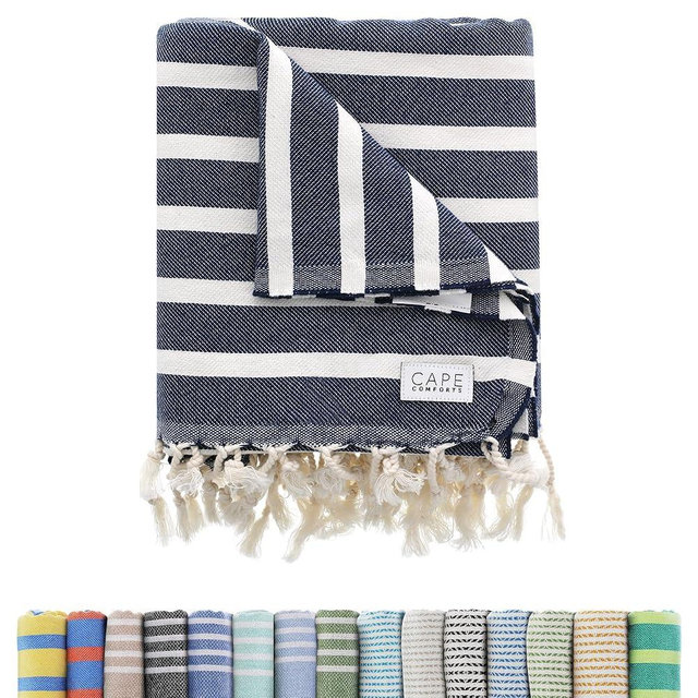 Cape Comforts Large Turkish Beach Towel, Striped Navy & Natural - 37'' x 67'' - Super Soft & Lightweight - Quick Dry Sand Free Travel Towels for Beach or Bath - Gifts
