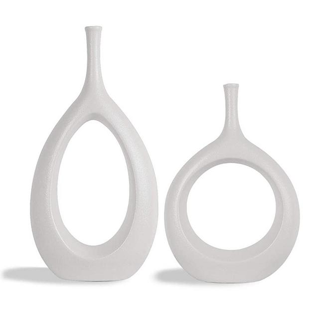 SANFERGE Set of 2 White Ceramic Flower Vase, Hollow Oval Vase for Home Décor Office Decoration, Modern Geometric Vases Figurines Ornament for Living Room Bedroom Dining Table