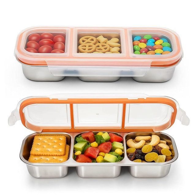 WANHMIF 2Pack Stainless Steel Snack Containers for Kids & Adults, Reusable 3 Compartment Snack Containers with Lids, Leak Proof Metal Lunch Box, Stackable bento Box for Home, School and Travel