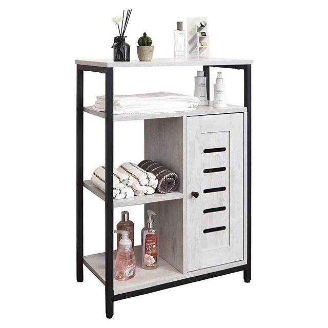 LELELINKY Storage Cabinet, Bathroom Storage Floor Freestanding Cabinet, Organizer with 3 Shelves and 1 Cupboard, Wooden Cabinet with Metal Frame for Kitchen, Bedroom, Livingroom (Vintage White)