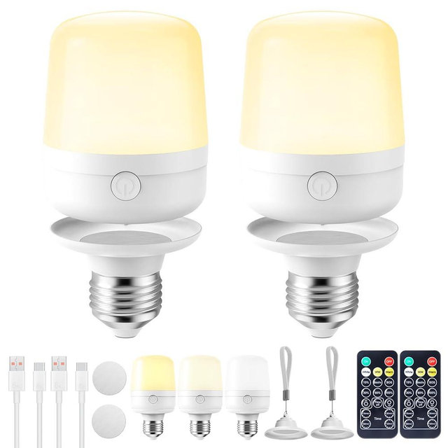 Brightown E26 Rechargeable Light Bulb with Remote Timer and 3 Color Temperatures, Battery Backup Bulb for Sconces and Lamps, E26 Detachable Charging for Non-Hardwired Fixture, Dimmer, 700LM, 2 Pack