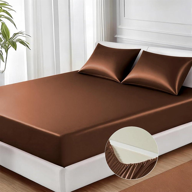 MR&HM Satin Fitted Sheet King Size, Silky Bottom Sheet with Elastic Corner Straps, Deep Pocket up to 15 Inch, No More Slipping Off for Mattress - 1 Fitted Sheet Only (Brown)
