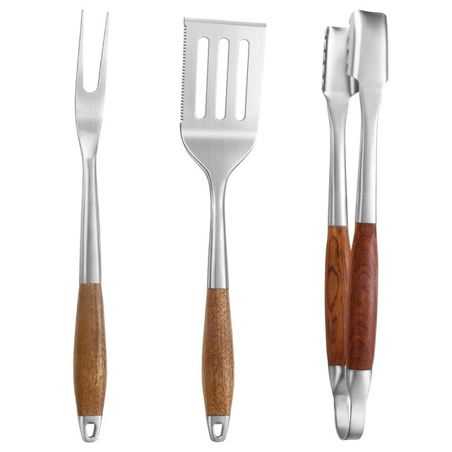 3 pcs Heavy-Duty Rose Wooden BBQ Grilling Tools Set, Extra Thick Stainless Steel Multi-Functional Spatula, Fork, Tong- an Excellent Barbecue Gift for Men