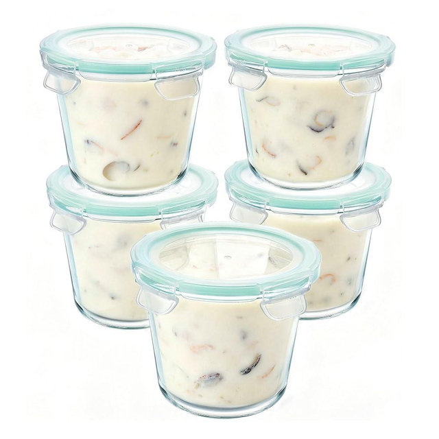 Vtopmart 5Pack 24oz Glass Storage Containers with Lids, Glass Meal Prep Food Container Sets with Snap Airtight Lids for Microwave, Oven, Freezer and Dishwasher, Green, Round