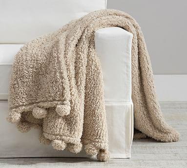 Cozy Pom Pom Sherpa Throw, 50 x 60", Light Khaki