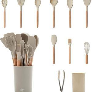 GreenLife 11 Piece Silicone Utensil Crock Set, Nonstick Kitchen Tools, Ladle, Turner, Slotted Turner, Spatula, Spoon, Spaghetti Server, Brush, Whisk, Tongs, Crock, Taupe