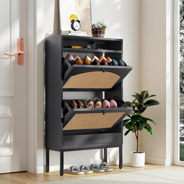 Wanttii Shoe Cabinet, Shoe Storage Cabinet with 2 Flip Drawers, Slim Shoe Storage Rack with Charging Station for Entryway, Hallway, Living Room (Black-2, Small)
