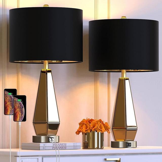 Hamucd Set of 2 Mirrored Glass Bedside Table Lamps with 2 USB Ports for Bedrooms Modern Amber Side Nightstand Lamps with Gold Black Fabric Shade Geometric Comtempory Living Room Lamps for End Tables