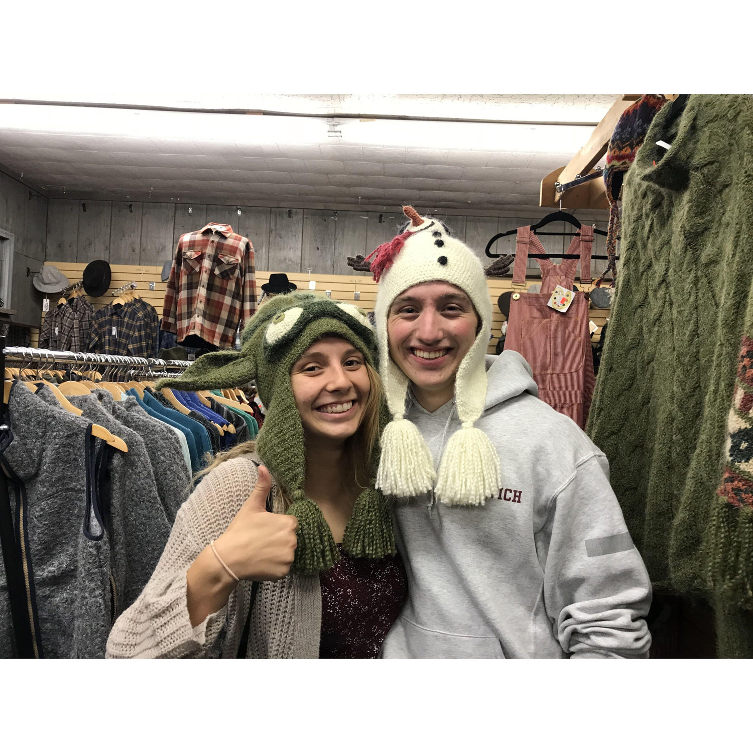 Trying on hats in Old Forge 2018