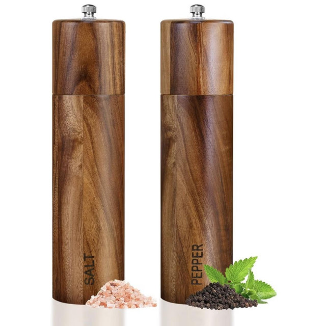 2 Pack Acacia Wooden Salt and Pepper Grinder Set 8 Inches Refillable Salt and Pepper Mills Adjustable Coarseness, Acacia Wood with Ceramic Core Peppercorn Shaker Tableware Birthday Gifts
