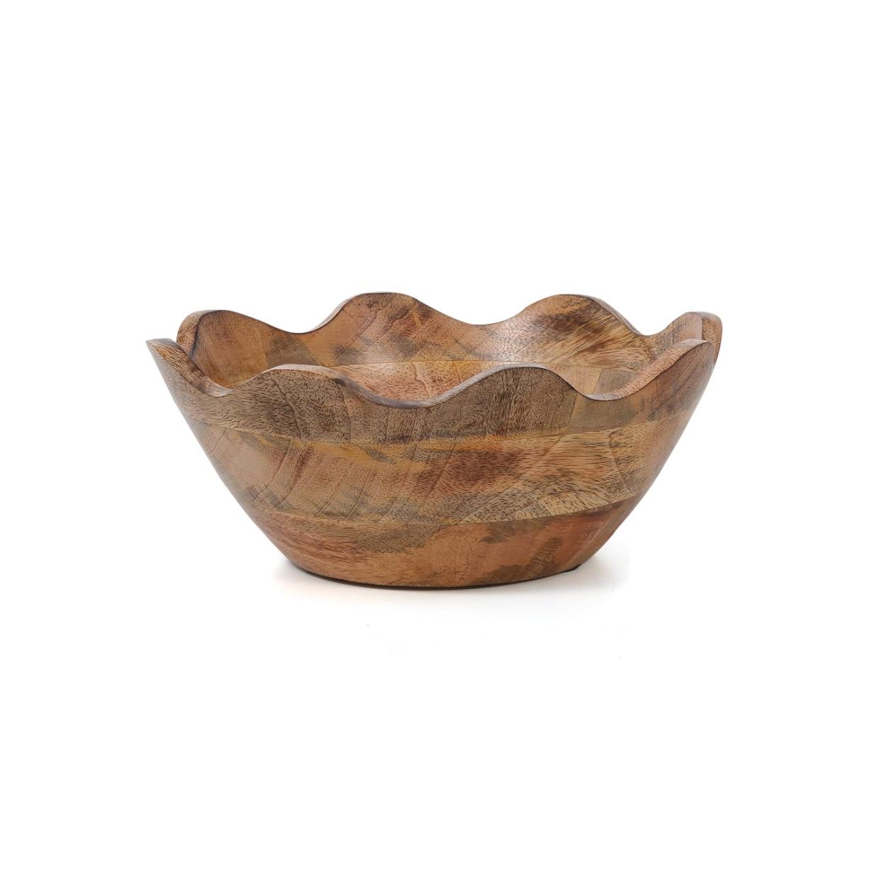 Mela Artisans Wooden Scalloped Bowl - Medium | Ruffle Decorative Style | Rustic Kitchen Decor | Mango Wood | Natural Grain Finish | Fits Bread, Fruits, Salad or Popcorn | 10” x 4” x 9”