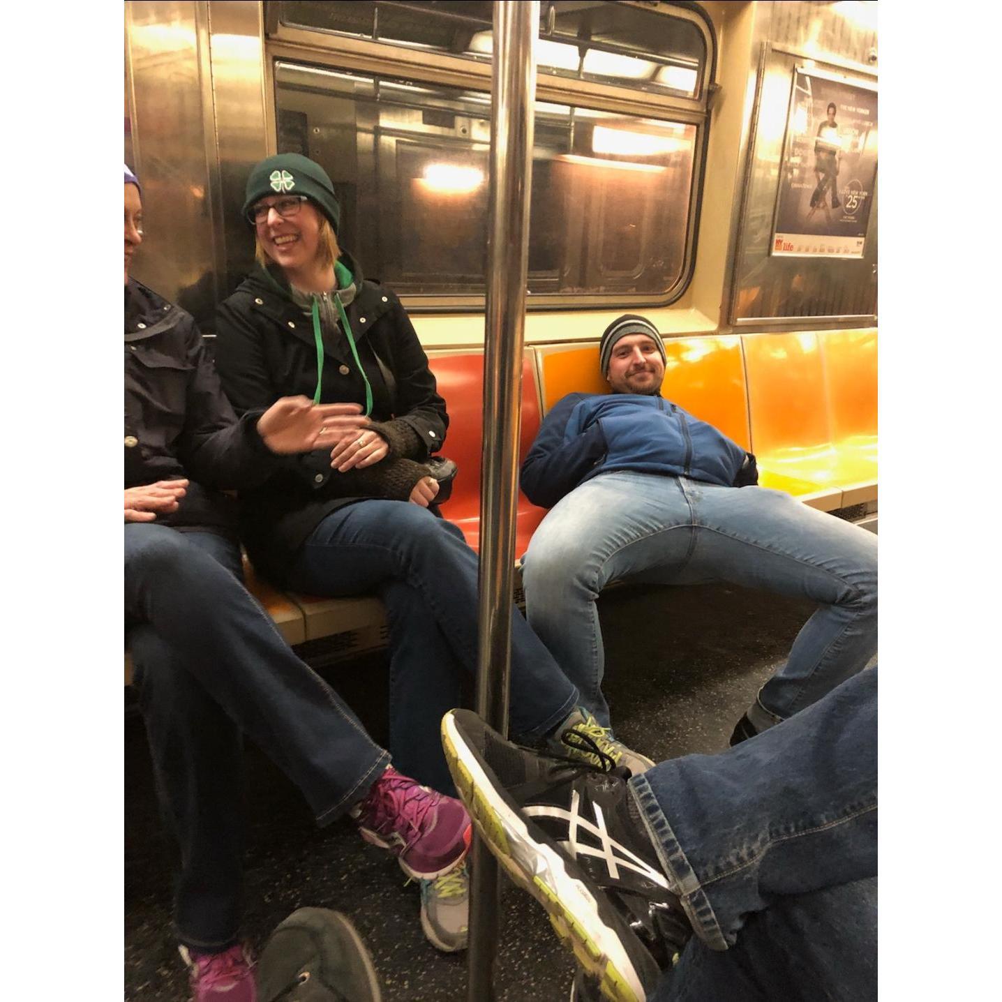 Riding the Subway in NYC in style. St. Patrick's Day, March 2018
