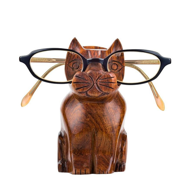 Matr Boomie, Hand Carved Solid Wood Cat Shaped Eyeglass Spectacle Holder, Display Stand for Optical or Sun Glasses Accessories, Wooden Eyeglass Holder Stand for Desk, Office. Bedside Tabletop