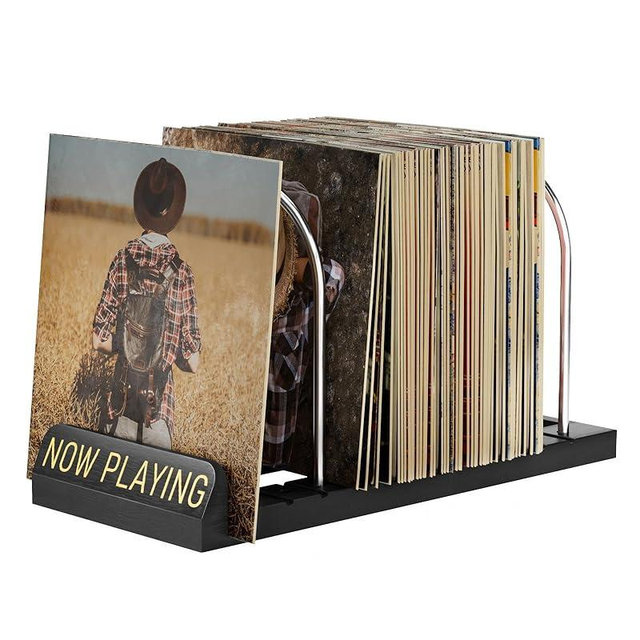 BS-VOG Now Playing Vinyl Record Stand, 50 LP Vinyl Record Storage with Non-slip Grooves, Wood Now Spinning Vinyl Record Holder for Albums Magazine Rack Magazine Organizer Record Display, Gift Package