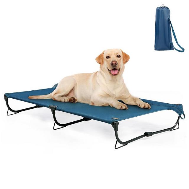 CANINE CANYON Foldable Elevated Dog Bed Large Outdoor Raised Folding Dog Cot Camping Dog Bed Cooling Chew Proof Waterproof Portable L Heavy Duty Up to 160 lbs for Home, Dark Blue (43"L x 7"W x 27"Th)