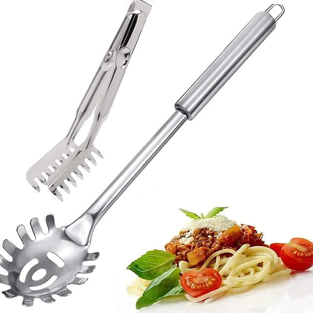 2 Pieces Spaghetti Spoon Set, Pasta Fork, Pasta Spoon, Spaghetti Sever, Pasta Tongs, Durable Stainless Steel Pasta Server and Tongs, Heat Resistant, 12 inch