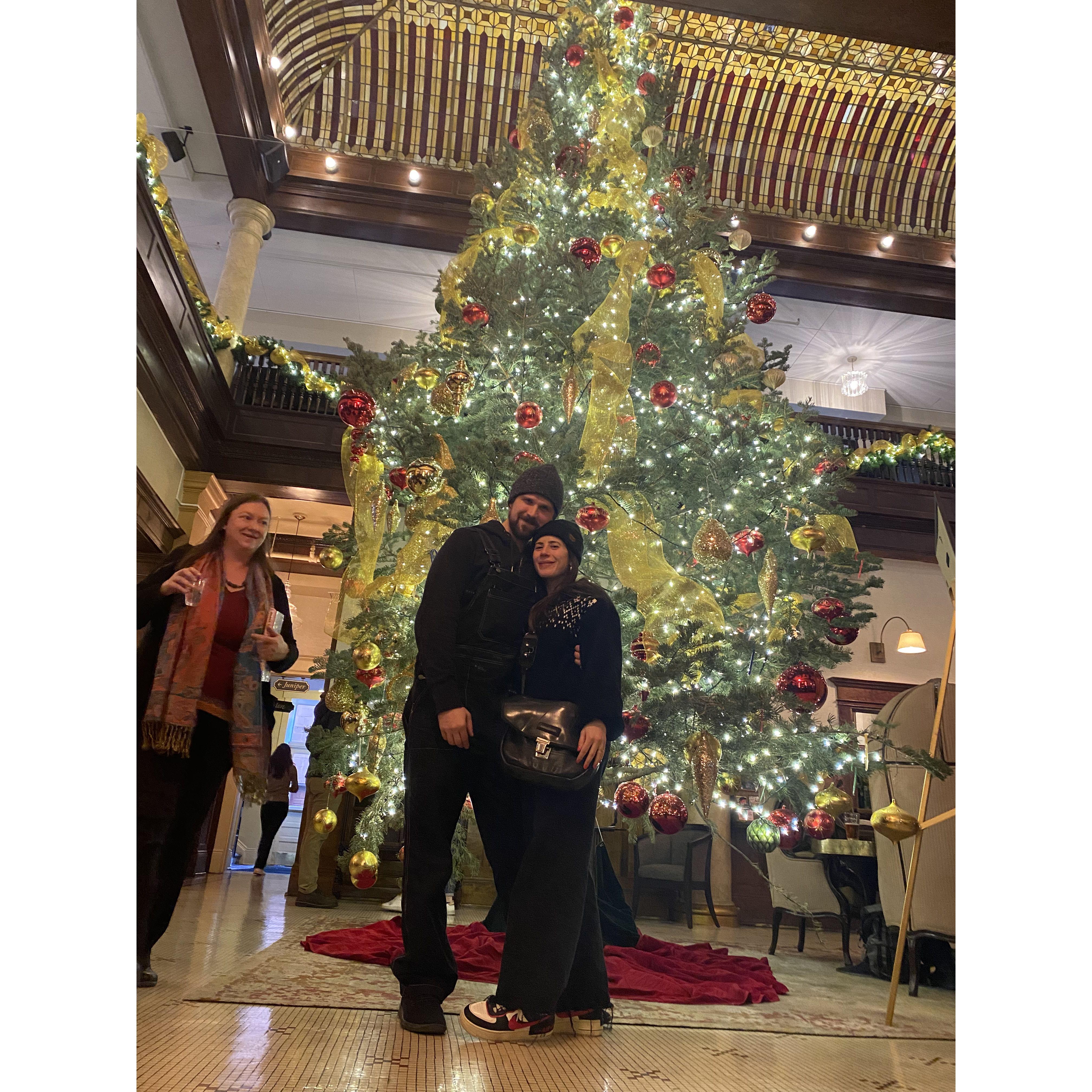 Getting into the Christmas spirit in the Boulderado Hotel lobby in Colorado