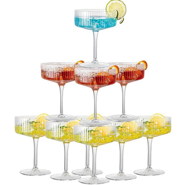 eventpartener 12 Pcs Acrylic Martini Glasses, 10oz Shatterproof Plastic Champagne Tower, Unbreakable Ribbed Coupe Glasses, Stem Cocktail Glassware Set, Manhattan Goblet for Wedding Birthday Party Bar