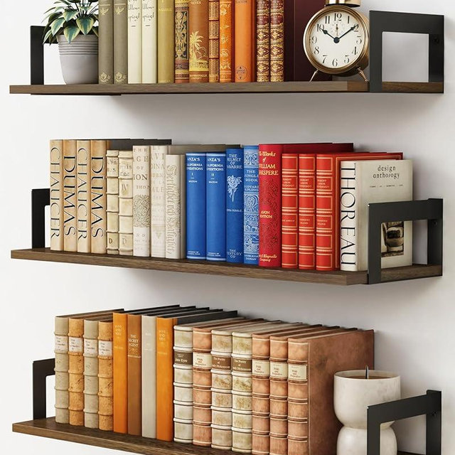 Harwaya Floating Book Shelves for Wall 3-Pack, 24 Inch Long Wall Mount Bookshelf for Bedroom, Rustic Farmhouse Wood Hanging Bookshelves for Living Room Office Books Plants (Dark Brown)