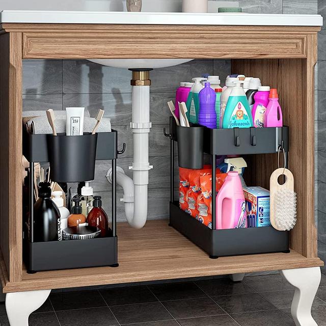 2 Pack Under Sink Organizers and Storage, 2-Tier Under Bathroom Kitchen Sink Organizer with 12 Hooks 4 Hanging Cups,Stable and Sturdy Under Cabinet Organizers for Bathroom Kitchen (Black)