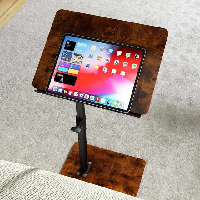 YUHFERA Sofa Armrest Tray Table for Couch - 360° Swivel Height Adjustable End for Small Spaces, Snack Side Table for Bed or Chair with Phone & Tablet Slot (Rustic,Angle Adjustable)