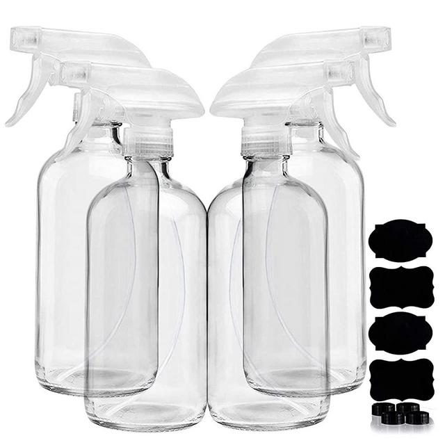 4 Pack 16 Ounce Empty Clear Glass Spray Bottles, Refillable Sprayer for Essential Oil, Cleaning, Water, Kitchen, Hair. Environment Friendly Mist Sprayer By Homeries