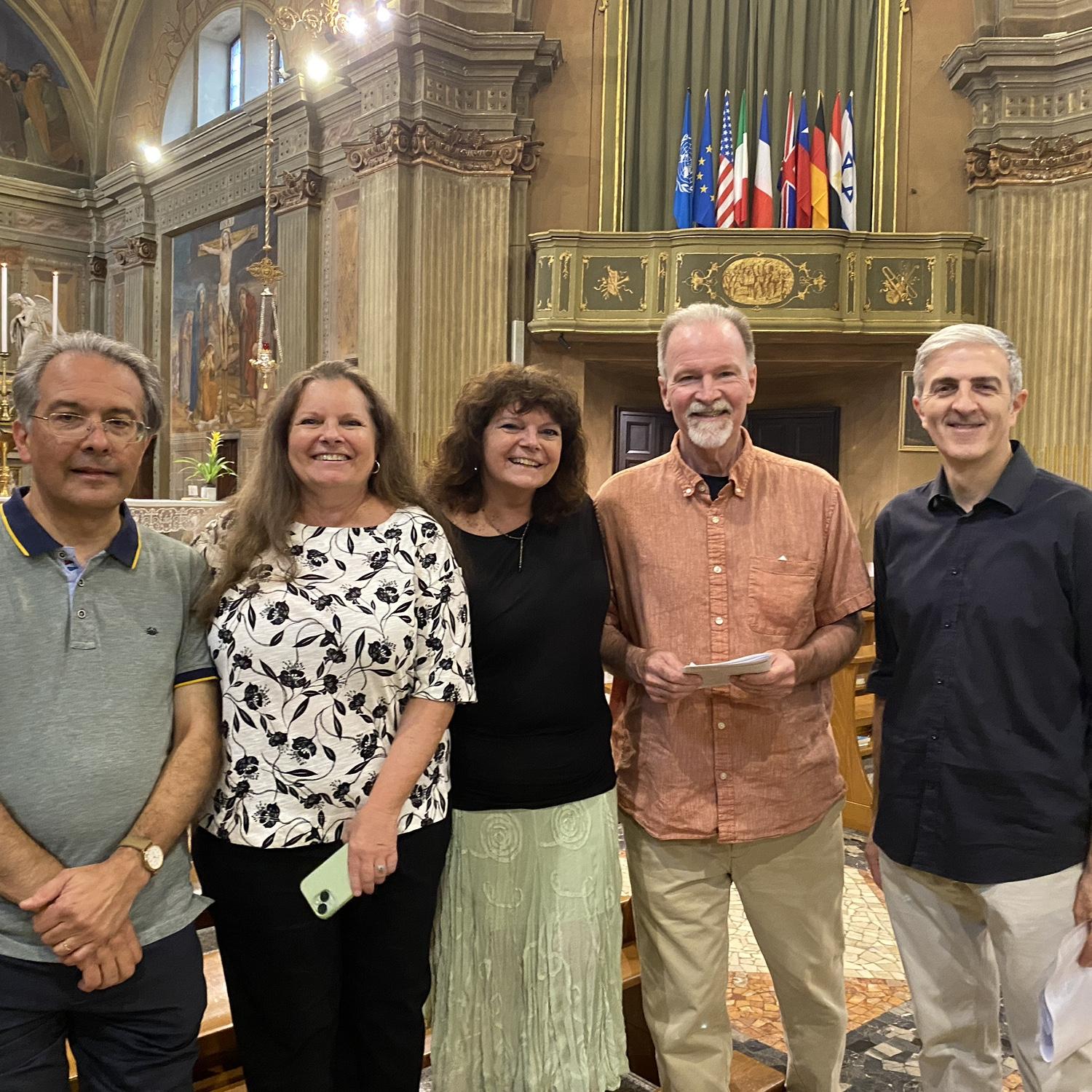 Memorial mass for Frank Ellis. Cheisa di Santo Stefano, Olgiata Olona with l to r Alberto Colombo, Susan, Kathy, Mark and Nicola Puddu - June 26, 2024.