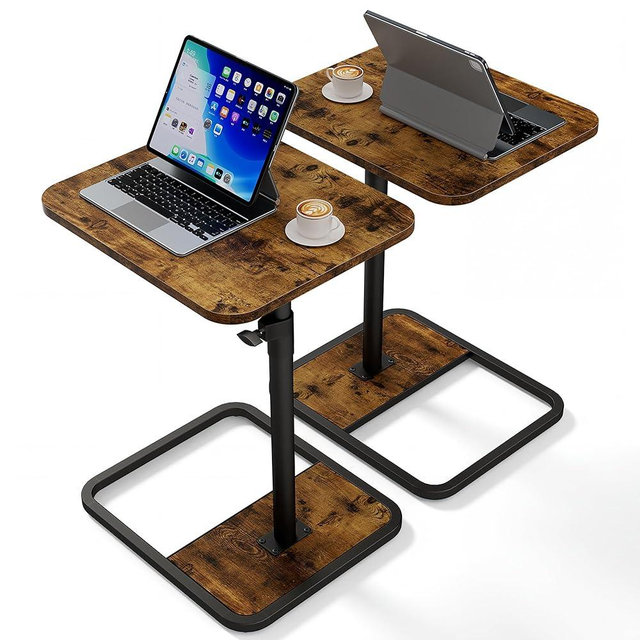 YUHFERA Large TV Tray Table Set of 2, C-Shaped Side Table with Adjustable Height & Rounded Corners, Snack Table for Couch, Bed or Recliner, for Laptop, Eating & Working, Brown