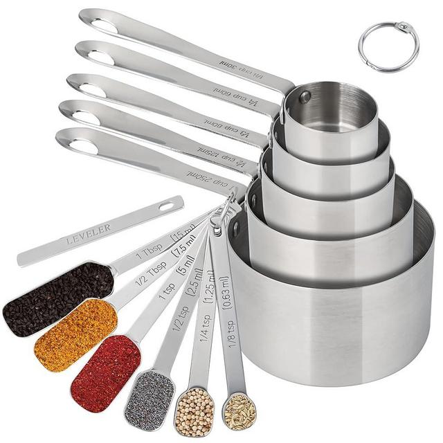 SUNMVEHOT Measuring Cups and Spoons Set, 18/8 Stainless Steel Measuring Cups and Spoons Set for Kitchen & Baking, 5 MeasurE Cups &6 Long MeasurE Spoons&Leveler, Metric Measure Tools for Dry & Liquid