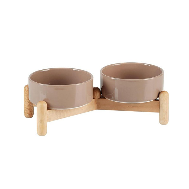 Havniva 5.1'' Ceramic Raised Double Bowls Set with Wooden Stand, Elevated Food & Water Bowls for Puppy, Cats, Kitty, Weighted Dog Dishes, Pet Bowls(13.5OZ, Brown Coffee)