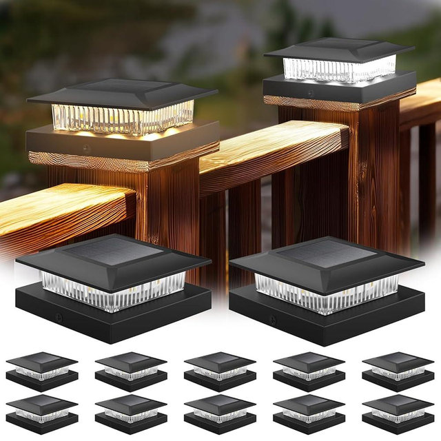 12 Pack Solar Post Cap Lights 4x4, Dual-Color Waterproof Fence Post Solar Lights, Fits 4x4 Vinyl or 3.5x3.5 Wood Posts, Dusk to Dawn Outdoor Lighting for Deck, Garden & Porch Decor, Black
