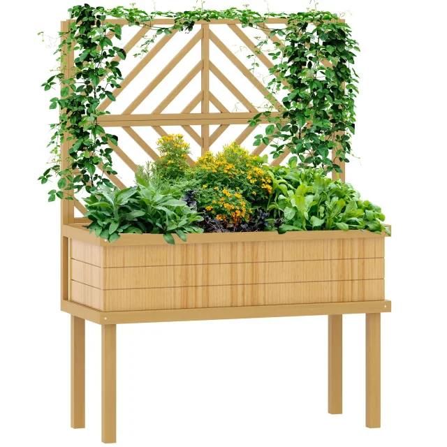 Outsunny Raised Garden Bed with Trellis for Climbing Plants, Wood Planter with Legs, Drainage Holes & Filter, Natural Wood
