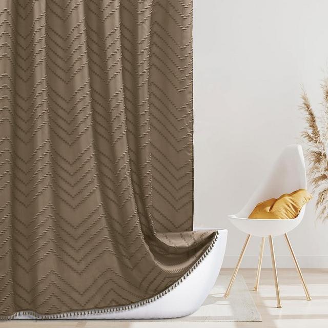 Siiluminisoy Boho Farmhouse Shower Curtain Woven Fabric Khaki Shower Curtain, 72 x 72 Tufted Chevron Textured Striped Modern Farmhouse Minimalist Shower Curtain Set with Hooks for Bathroom