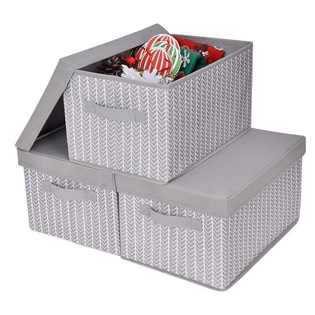 GRANNY SAYS Storage Bins with Lids and Cotton Rope Handles, Rectangle Storage Basket, Gray/White, Large, 3-Pack
