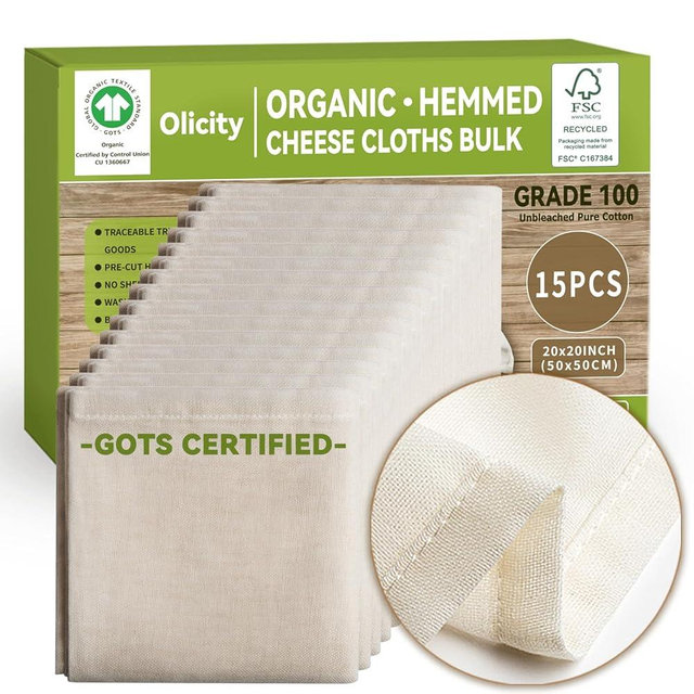 Organic Cheese Cloths, GOTS Certified, 15PCS, Grade 100, 20x20Inch Hemmed Cheese Cloth Fabric Reusable Fine Mesh Cloth, 100% Cotton Unbleached Muslin Cheesecloth for Straining, Cooking, Liquid, Tofu