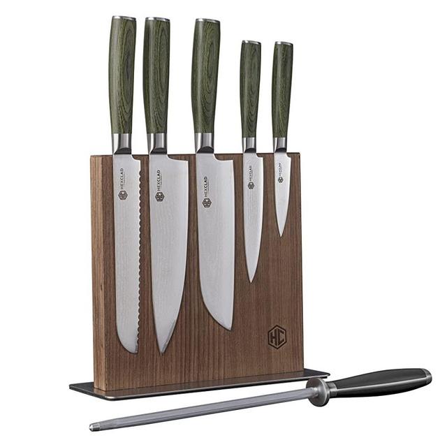 HexClad 7 Piece Knife Set - 6 Piece Damascus Knife Set & Magnetic Knife Block - Comes with All Purpose Chef's Knife, Santoku Knife, Serrated Knife, Utility Knife