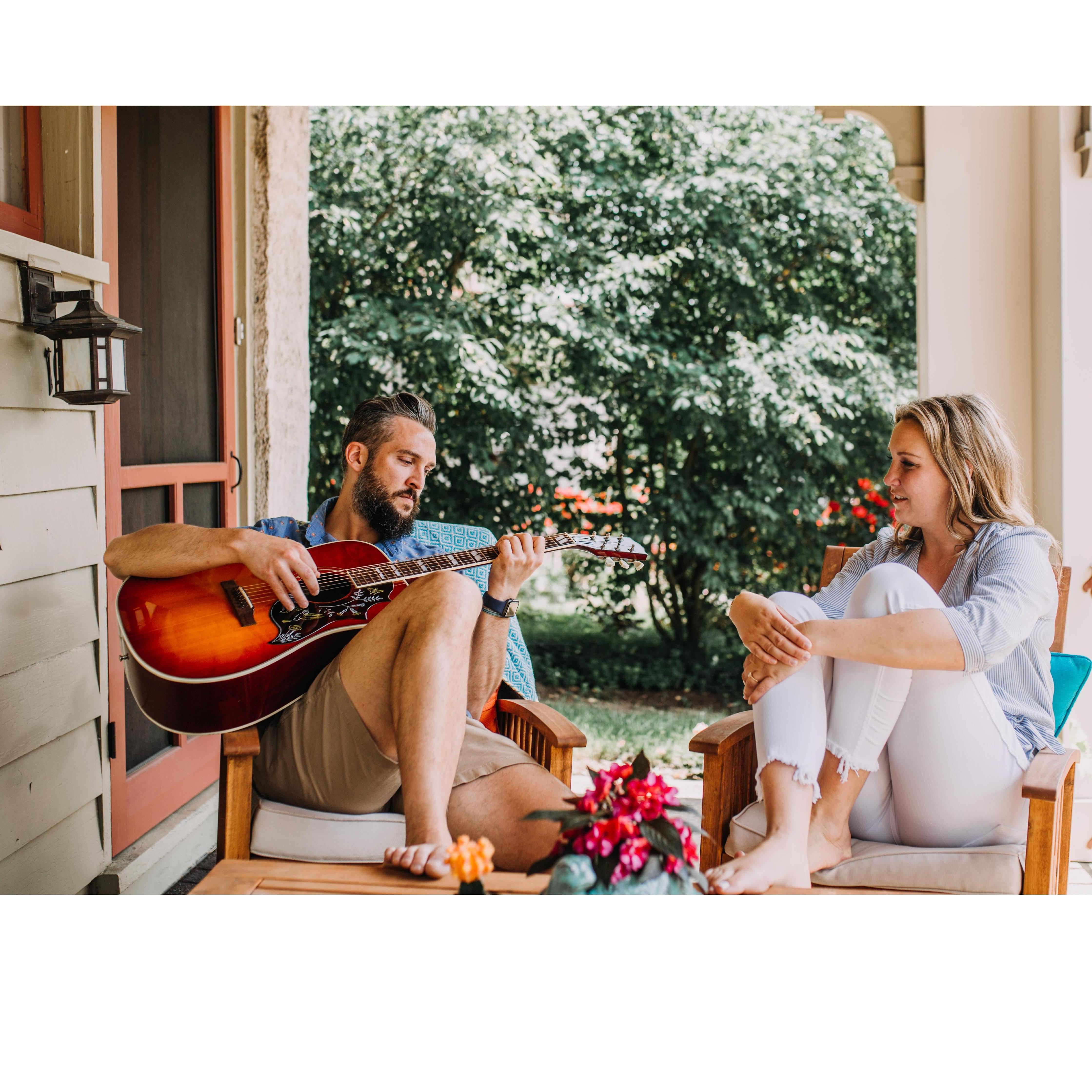 We love sitting on our cozy outdoor porch. Sunday mornings are the best drinking coffee and listening to Rob play guitar.