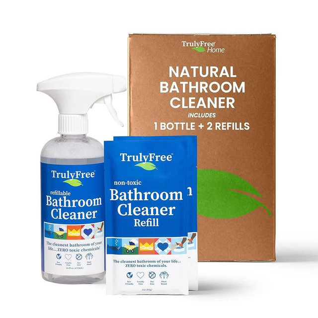 2-Pack TrulyFree Bathroom Cleaner - Cleaning Spray, for Toilet, Sink, Tub, Shower - Includes: 16-oz Spray Bottle, One refill pouch used for initial fill and one pouch for Refill when needed (3 oz)