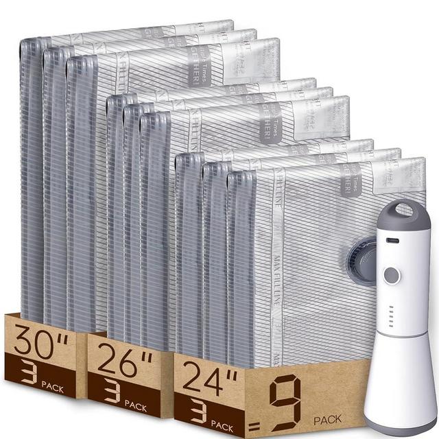 Vacbird 9 Packs Rechargeable Pump Vacuum Bags for Travel Packing, Carry-on Size Vacuum Seal Bags for Luggage and Suitcase Compression, Space Saver for Clothes and Clothing Organization
