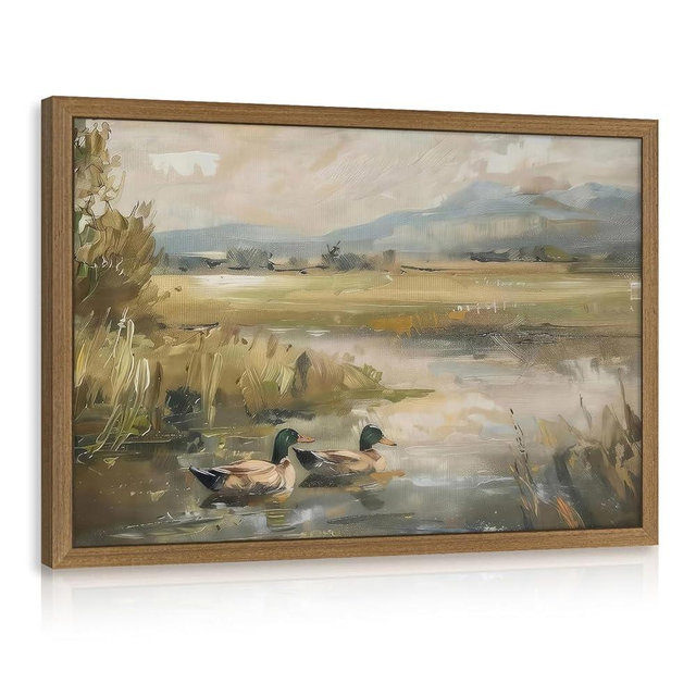 Clicyre Vintage Mallard Duck Swimming on Pond Canvas Wall Art Decor, Rustic Wildlife Nature Painting for Cabin Lake House Woodland Lodge, Framed Waterfowl Bird Pictures for Man Cave Men's Gift, 16x24