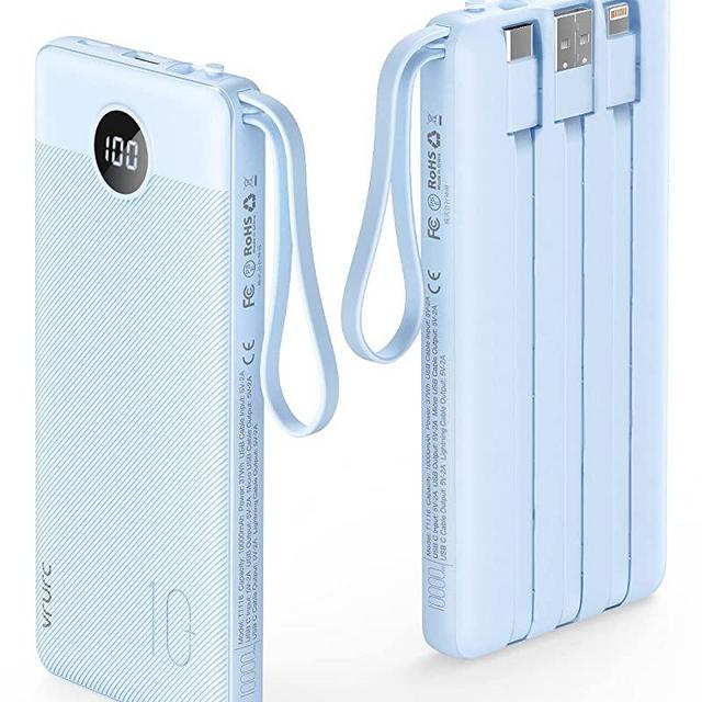 VRURC 10000mAh Power Bank Built-in Cables, Portable Charger with LED Display, Slim Intelligent Travel Battery Pack with Cords, 5 Output Dual Input Phone Charger for Cell Phone Smart Devcies-Blue