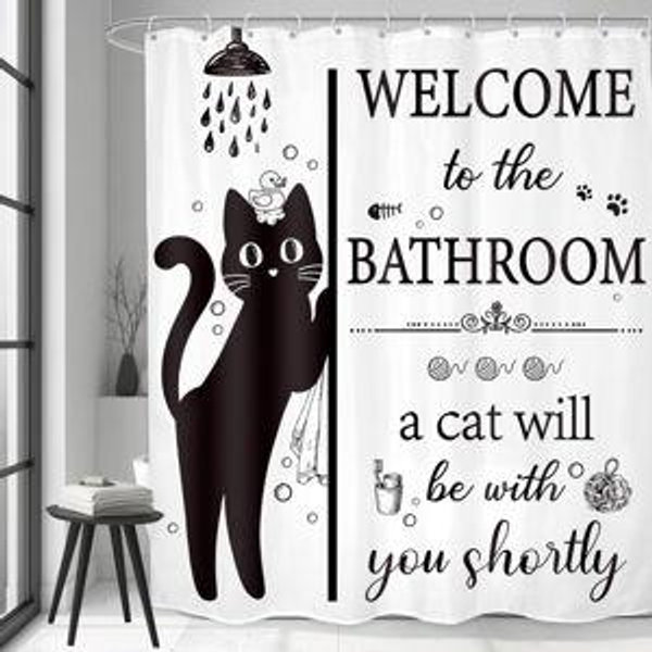 LGhtyro Funny Black Cat Kids Shower Curtain Bathroom Set 60Wx71H Inches Cute Cartoon Animal Bathroom Rules Positive Inspirational Words Bath Accessories Quotes Art Home Decor Fabric 12 Pack Hooks