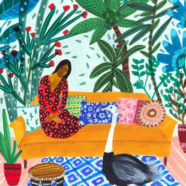 Talking To Her Ostrich Art Print by Roeqiya Fris