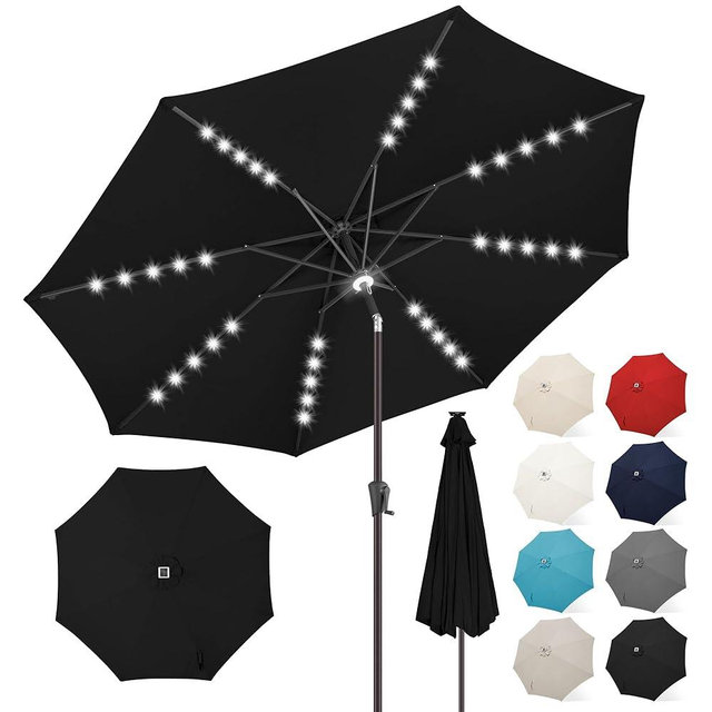 FLAME&SHADE 9 ft Solar Powered Outdoor Market Patio Table Umbrella with LED Lights and Tilt, Black