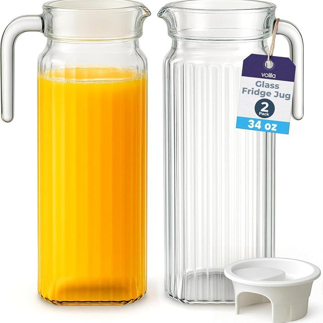 Glass Pitcher - (2 Pack) 1 Liter / 34 oz Clear Glass Pitchers with Handle and Lid - with Ribbed Design and Vented Spout - for Fridge Shelf and Everyday Use