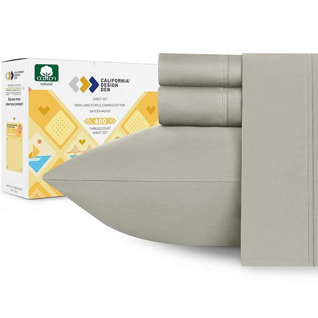 400-Thread-Count California-King Sheets and Pillowcases Set, Taupe 100% Natural Long Staple Combed Cotton 4 Piece Bed Sheet for Bed, Silky Sateen Weave, Breathable Bedding Set