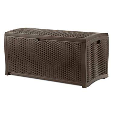 Suncast 73-Gallon Medium Deck Box - Lightweight Resin Indoor/Outdoor Storage Container and Seat for Patio Cushions and Gardening Tools - Store Items on Patio, Garage, Yard - Mocha Brown