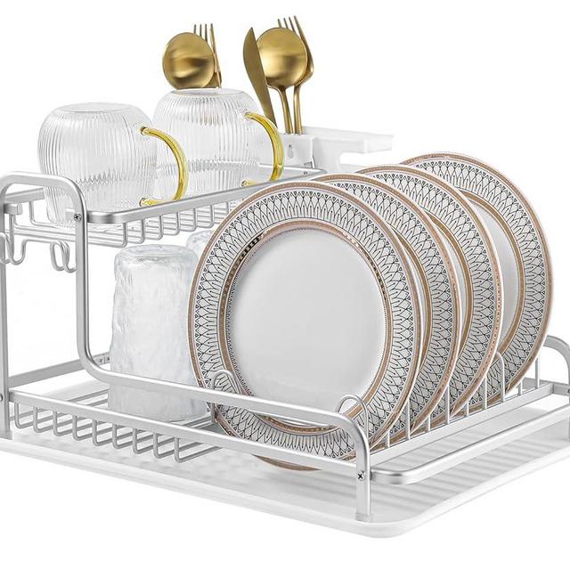 MJXKBB Dish Drying Rack for Kitchen Counter,2-Tier Dish Rack Kitchen Organizer,Detachable Large Capacity Cutlery Holder for Your Countertop(Silvery)