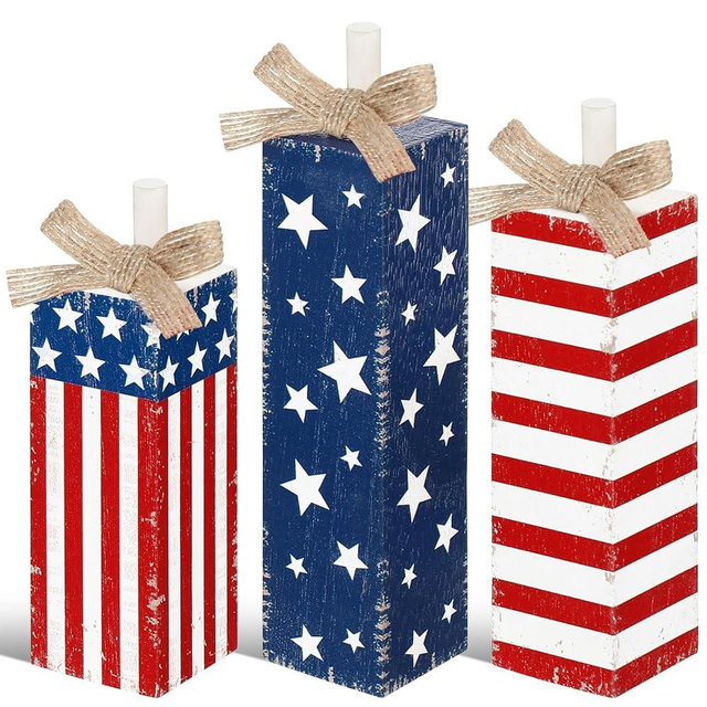 Seeloowy 3 Pcs Patriotic Decorations 4th of July Table Decor Red White Blue Decorations Memorial Day Wood Block Sign and Centerpiece for Home Office Independence Day Tiered Tray Decor(Striped Style)