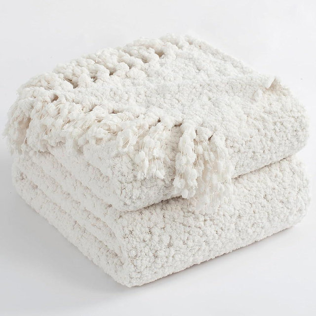 LONG CREATE Throw Blanket for Couch, White Luxury Knitted Throws 60"x80", Textured Blankets with Handmade Fringe Tassels for Bed Sofa Decorative, Chunky Soft Farmhouse Boho Home Decor